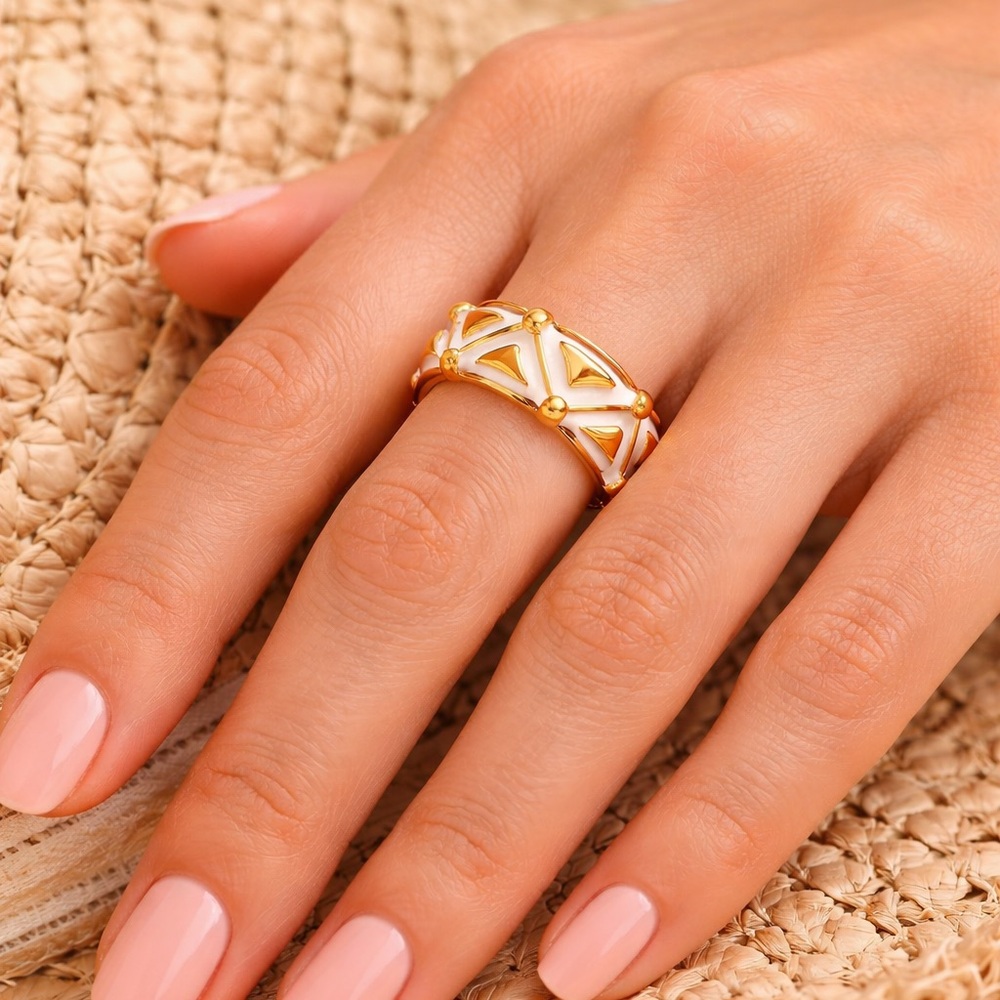White Enamel Gold Open Band Ring